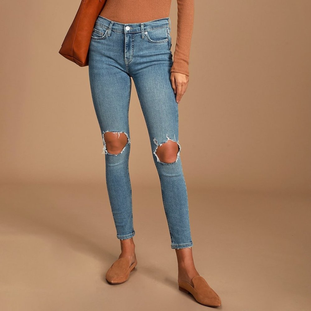 Free People medium wash high rise distressed skinny jeans